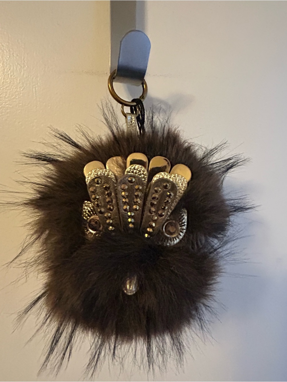 Kurt Geiger Brown Furry Pom-Pom Keychain with Gold-Tone Crystal Accents - Picture 1 of 12